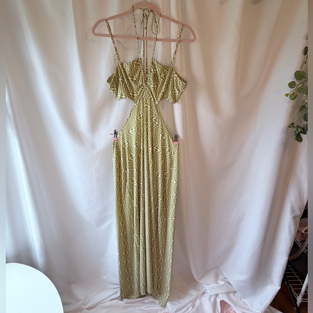 Wayf Olive Green Patterned Backless Cutout Maxi Dress